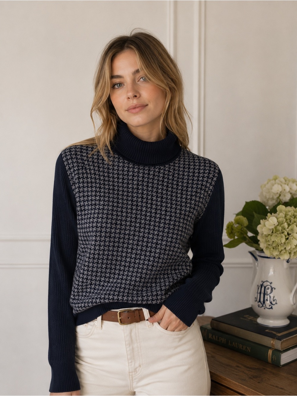 David Brooks vintage Blue Gray Houndstooth Silk Cotton Blend Turtleneck